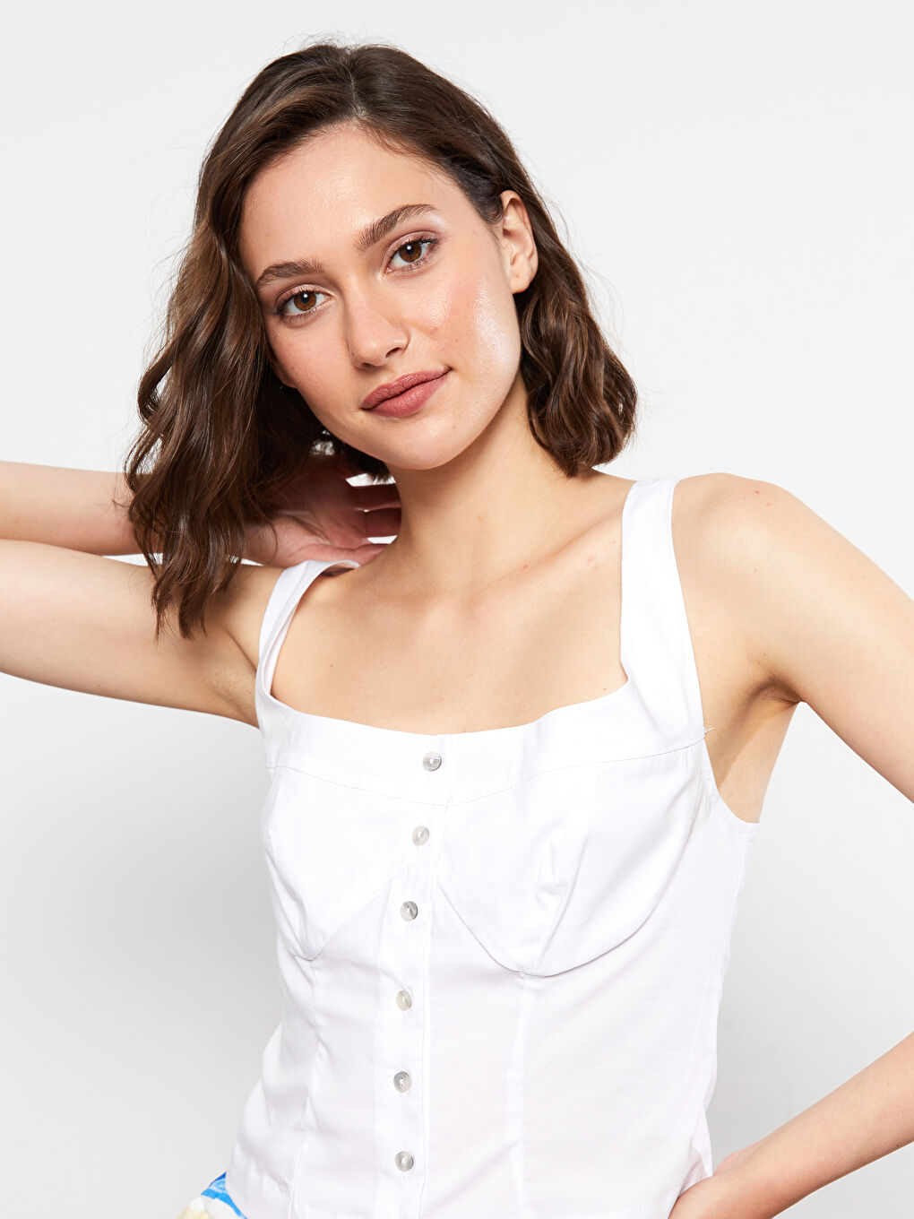 Blouse Sans Manches Droite en Popeline pour Femmes à Encolure en U