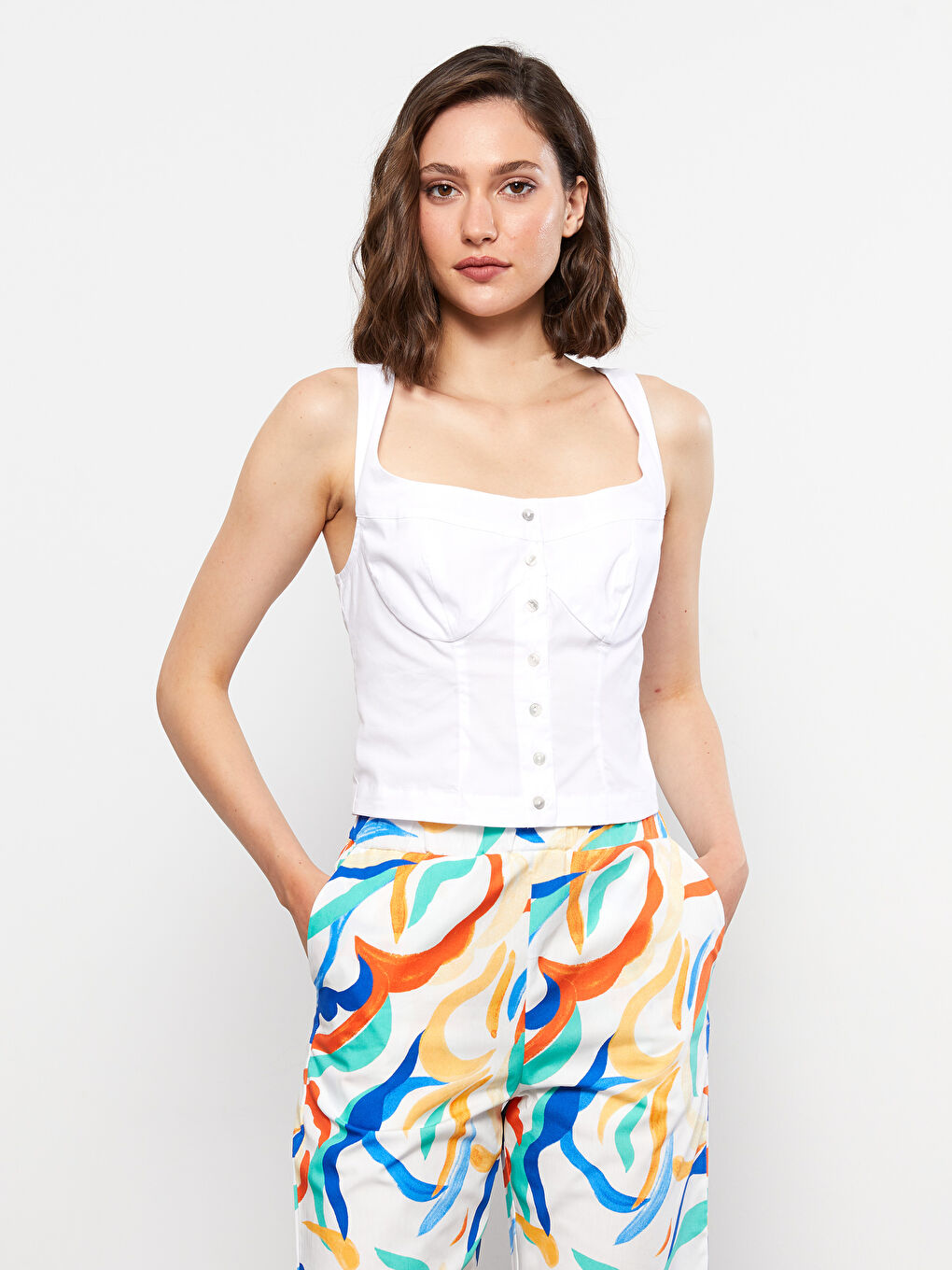 Blouse Sans Manches Droite en Popeline pour Femmes à Encolure en U-1