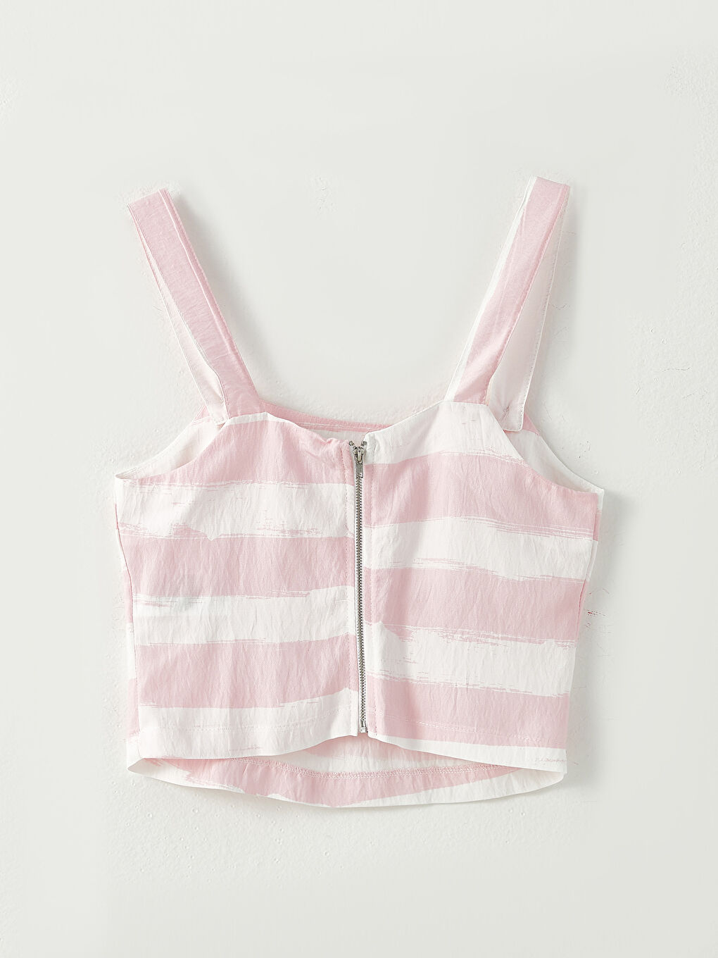 Pembe Kare Yaka Çizgili Askılı Poplin Kadın Bluz-6