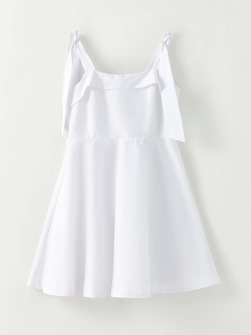 Beyaz Kare Yaka Düz Askılı Poplin Kadın Elbise-5