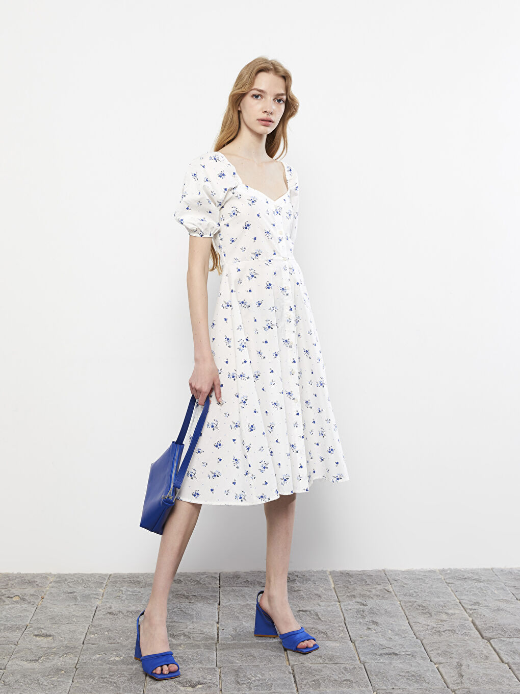LCW Limited Sweetheart Neck Floral Short Sleeve Poplin Women's Dress -S2KI53Z8-LU7