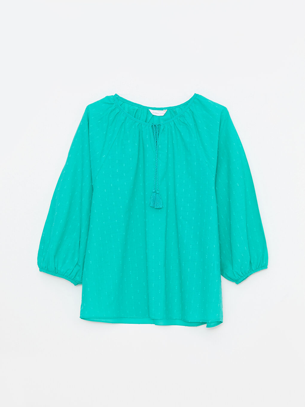 Yeşil Bağlamalı Yaka Kendinden Desenli Pamuklu Kadın Bluz-5