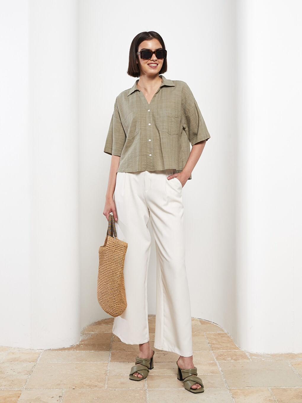 LCW Vision Front Button Closure Straight Short Sleeve Women's Shirt -S2KJ87Z8-GWK