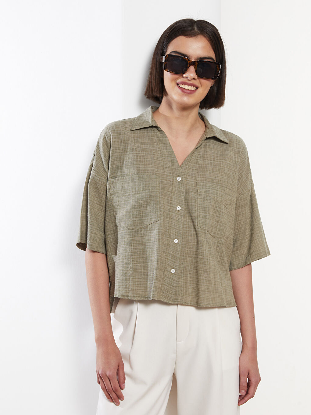 LCW Vision Front Button Closure Straight Short Sleeve Women's Shirt -S2KJ87Z8-GWK