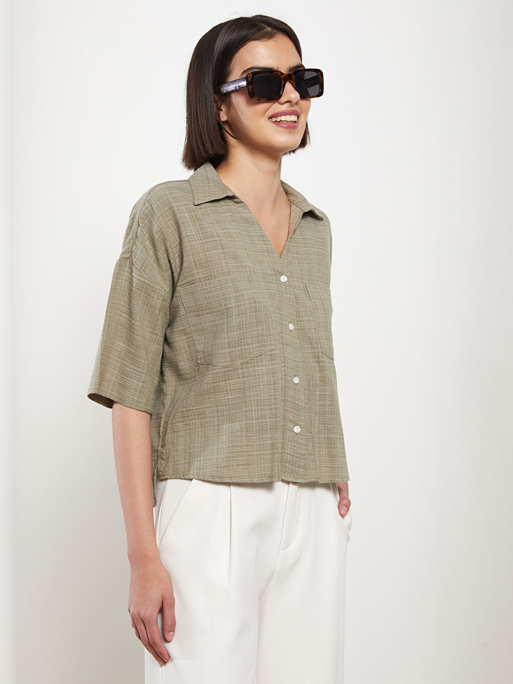 LCW Vision Front Button Closure Straight Short Sleeve Women's Shirt -S2KJ87Z8-GWK