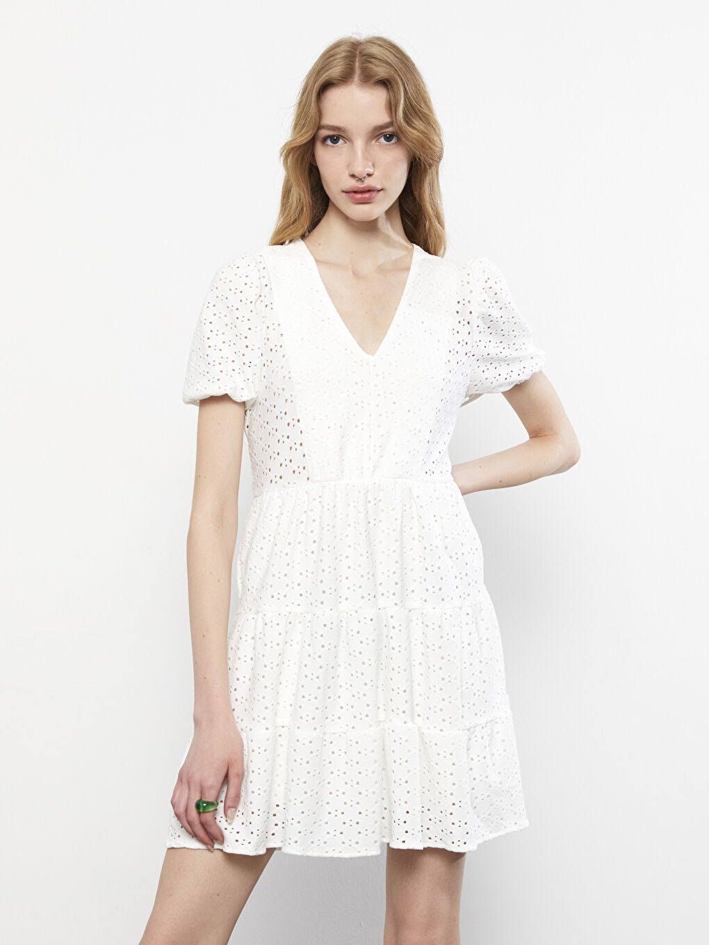 Rochie pentru Femei cu Decolteu în V din Dantelă și Mânecă Scurtă-1