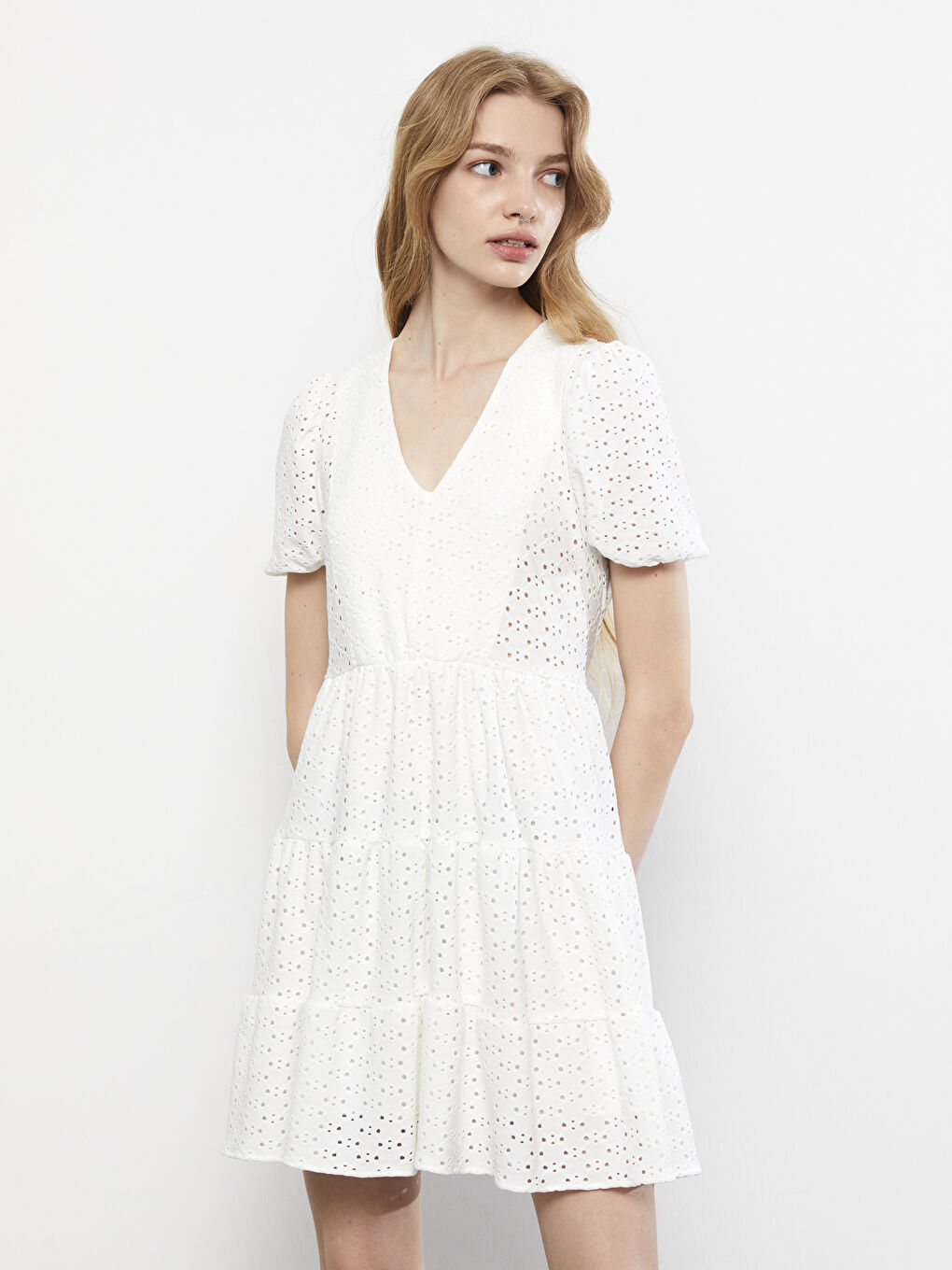 Rochie pentru Femei cu Decolteu în V din Dantelă și Mânecă Scurtă-2