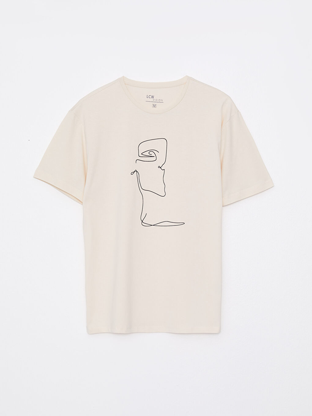 Bej Bisiklet Yaka Kısa Kollu Baskılı Penye Erkek Tişört-5