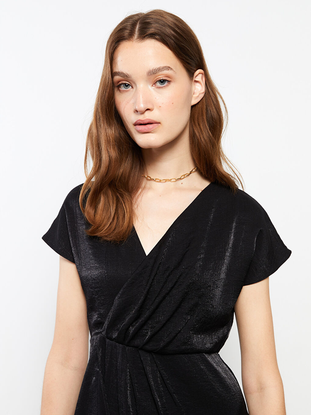 Siyah Kruvaze Yaka Düz Uzun Kollu Kadın Elbise-2