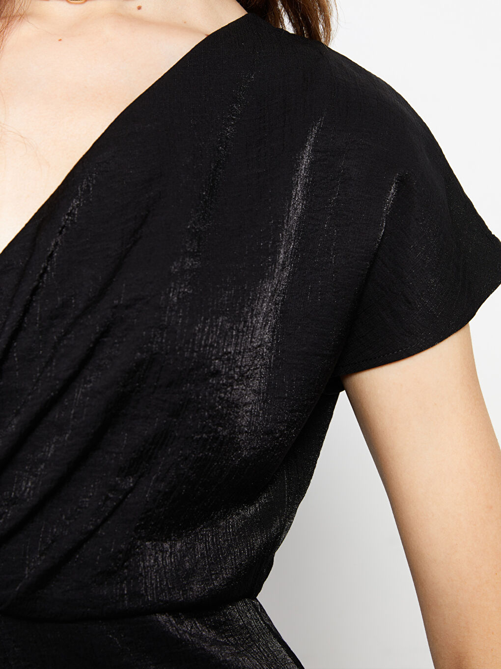 Siyah Kruvaze Yaka Düz Uzun Kollu Kadın Elbise-3