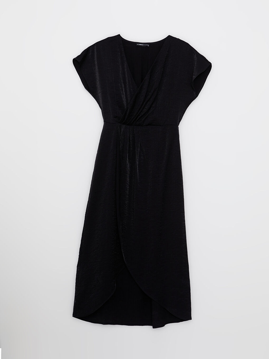 Siyah Kruvaze Yaka Düz Uzun Kollu Kadın Elbise-7