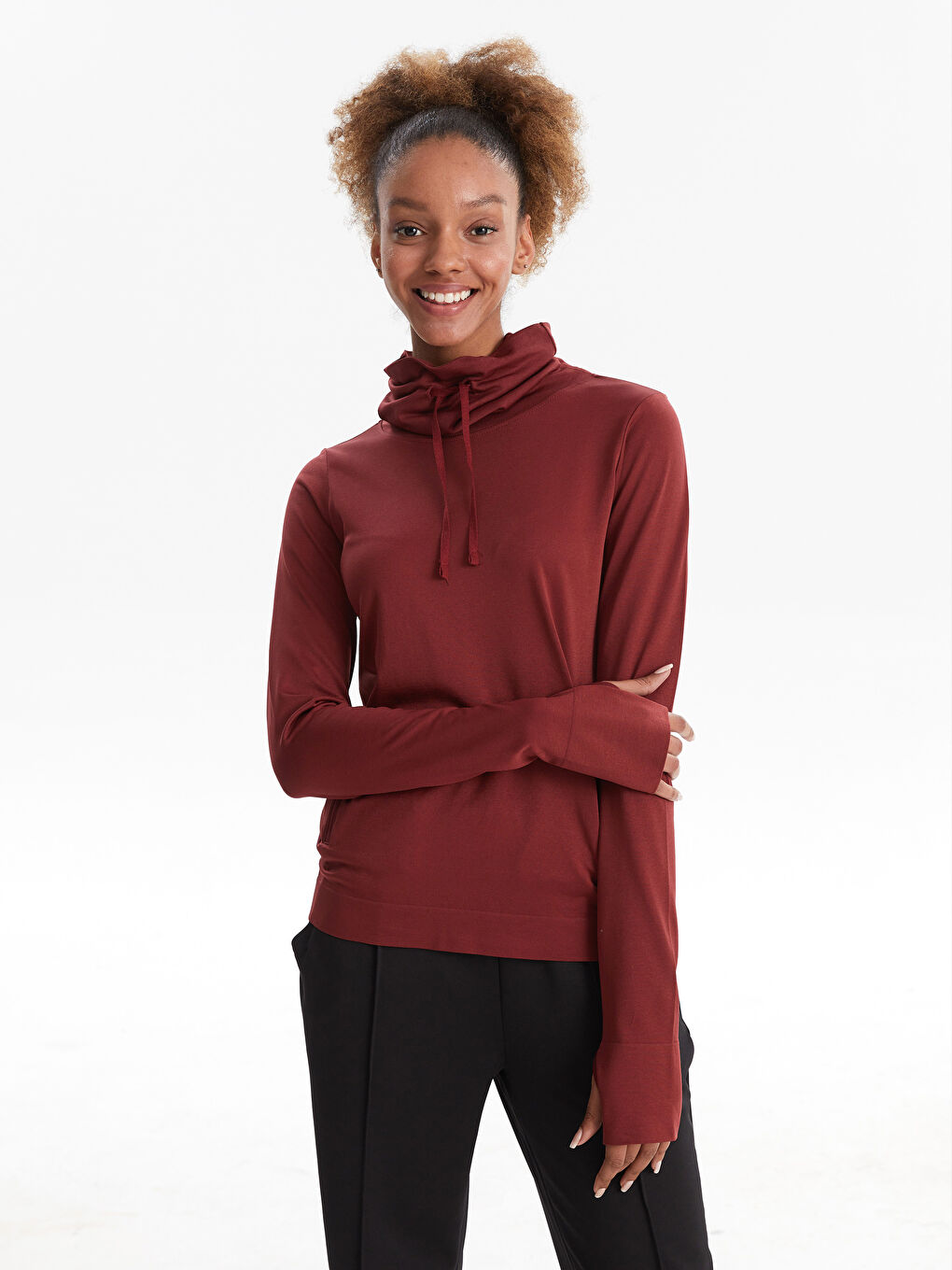 Bordo Keşiş Yaka Düz Uzun Kollu Kadın Outdoor Tişört