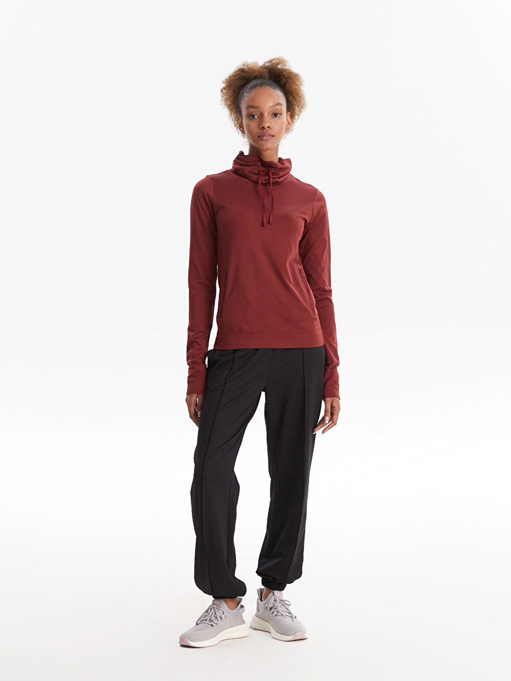 Bordo Keşiş Yaka Düz Uzun Kollu Kadın Outdoor Tişört-1