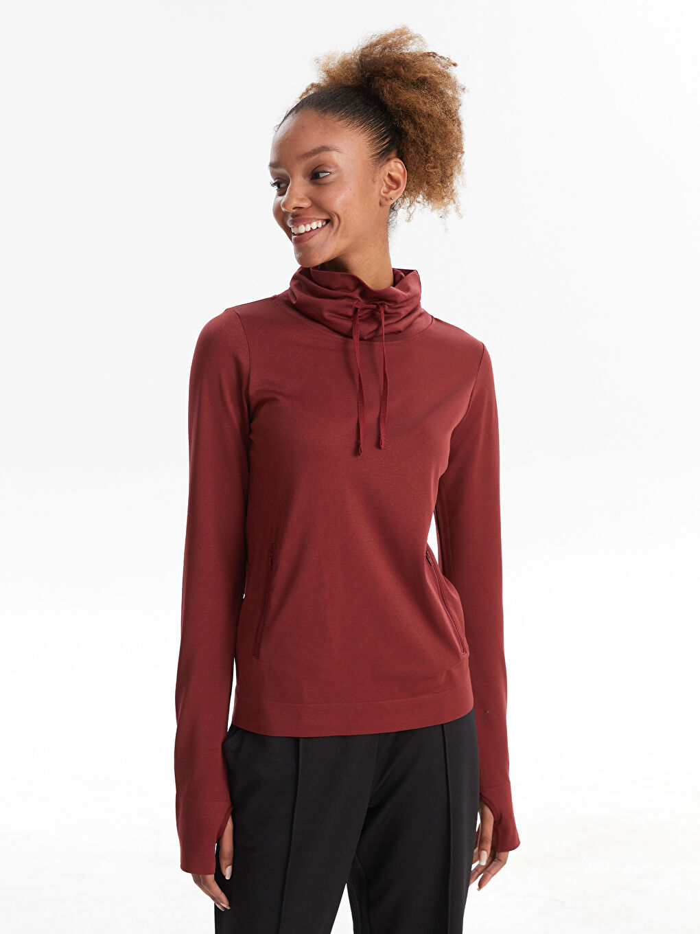 Bordo Keşiş Yaka Düz Uzun Kollu Kadın Outdoor Tişört-2