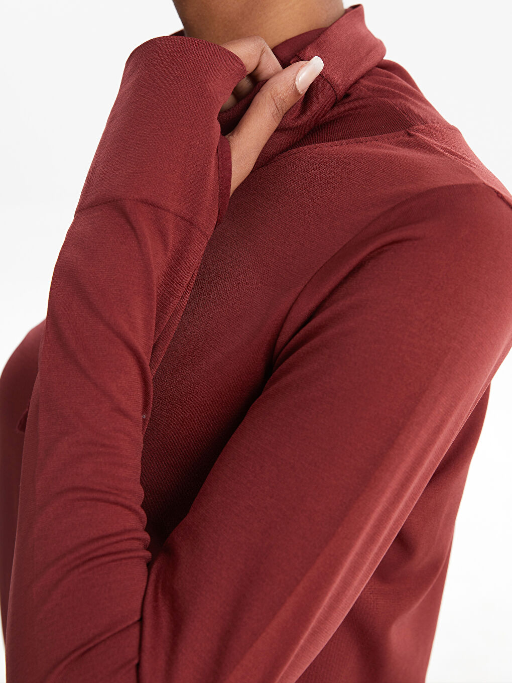 Bordo Keşiş Yaka Düz Uzun Kollu Kadın Outdoor Tişört-3