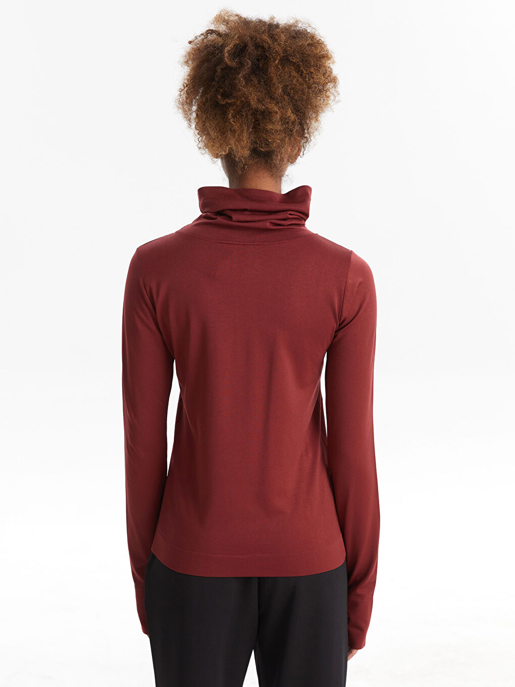 Bordo Keşiş Yaka Düz Uzun Kollu Kadın Outdoor Tişört-4