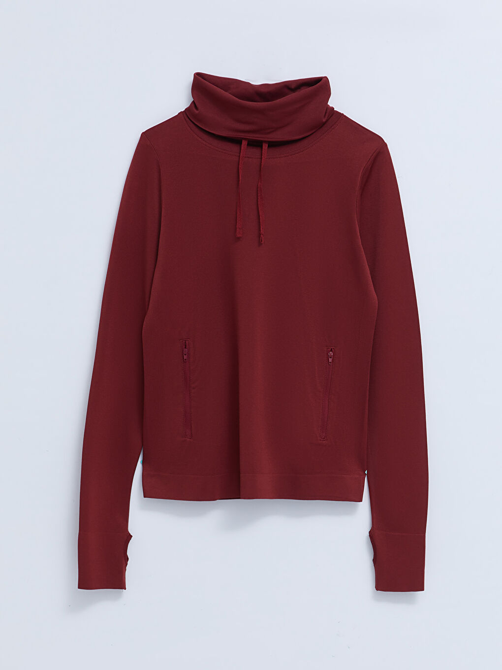 Bordo Keşiş Yaka Düz Uzun Kollu Kadın Outdoor Tişört-5