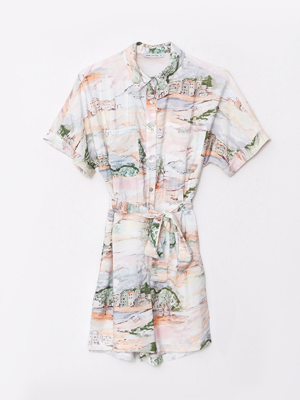 Ekru Gömlek Yaka Desenli Kısa Kollu Kadın Tulum