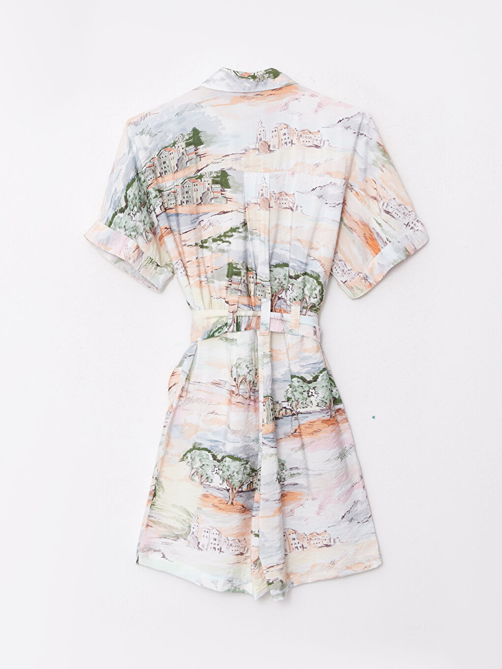 Ekru Gömlek Yaka Desenli Kısa Kollu Kadın Tulum-1