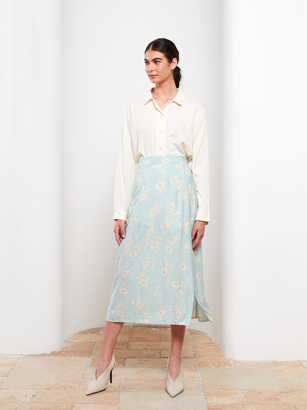 Fustă A-Line pentru Femei cu Talie cu Fermoar Floral-1