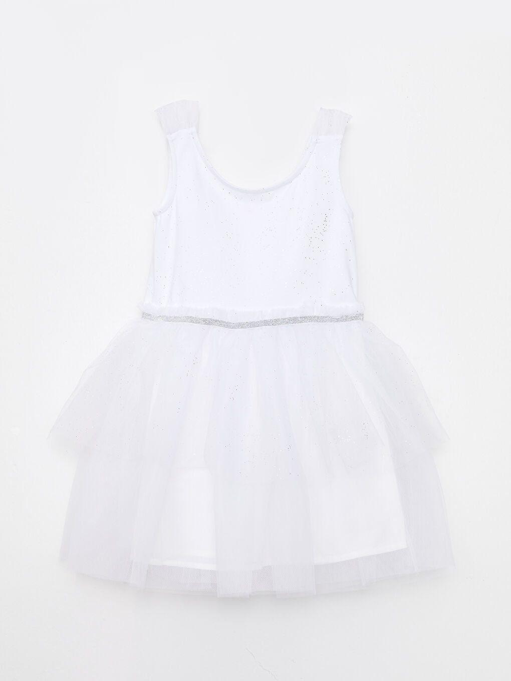 Beyaz Bisiklet Yaka Işıltılı Kız Çocuk Elbise