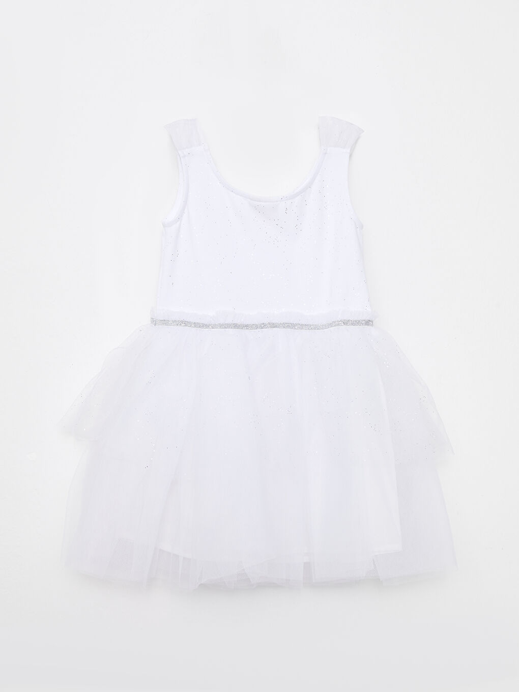 Beyaz Bisiklet Yaka Işıltılı Kız Çocuk Elbise-1