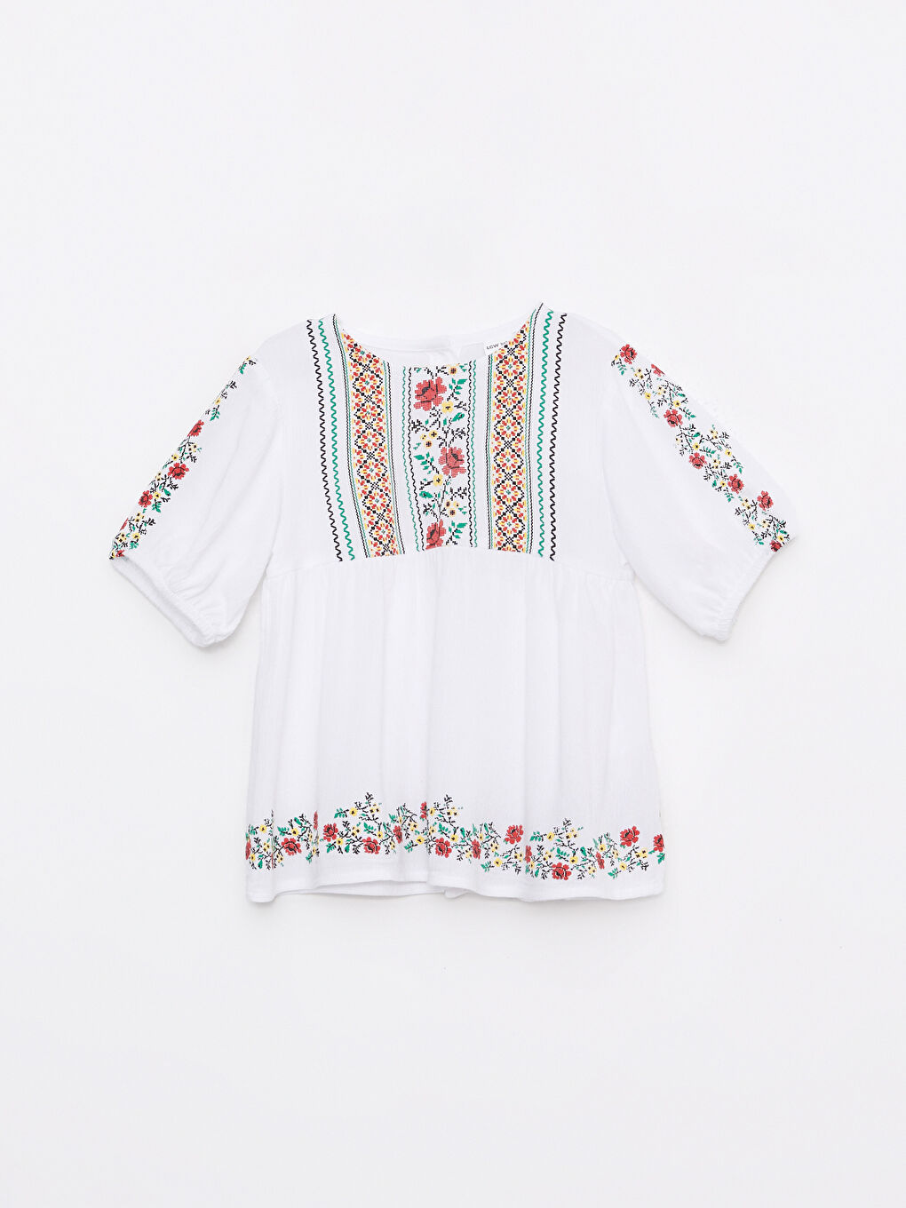 Bluză cu Mânecă Scurtă și Detalii Brodate cu Guler Rotund pentru Bebeluși Fete