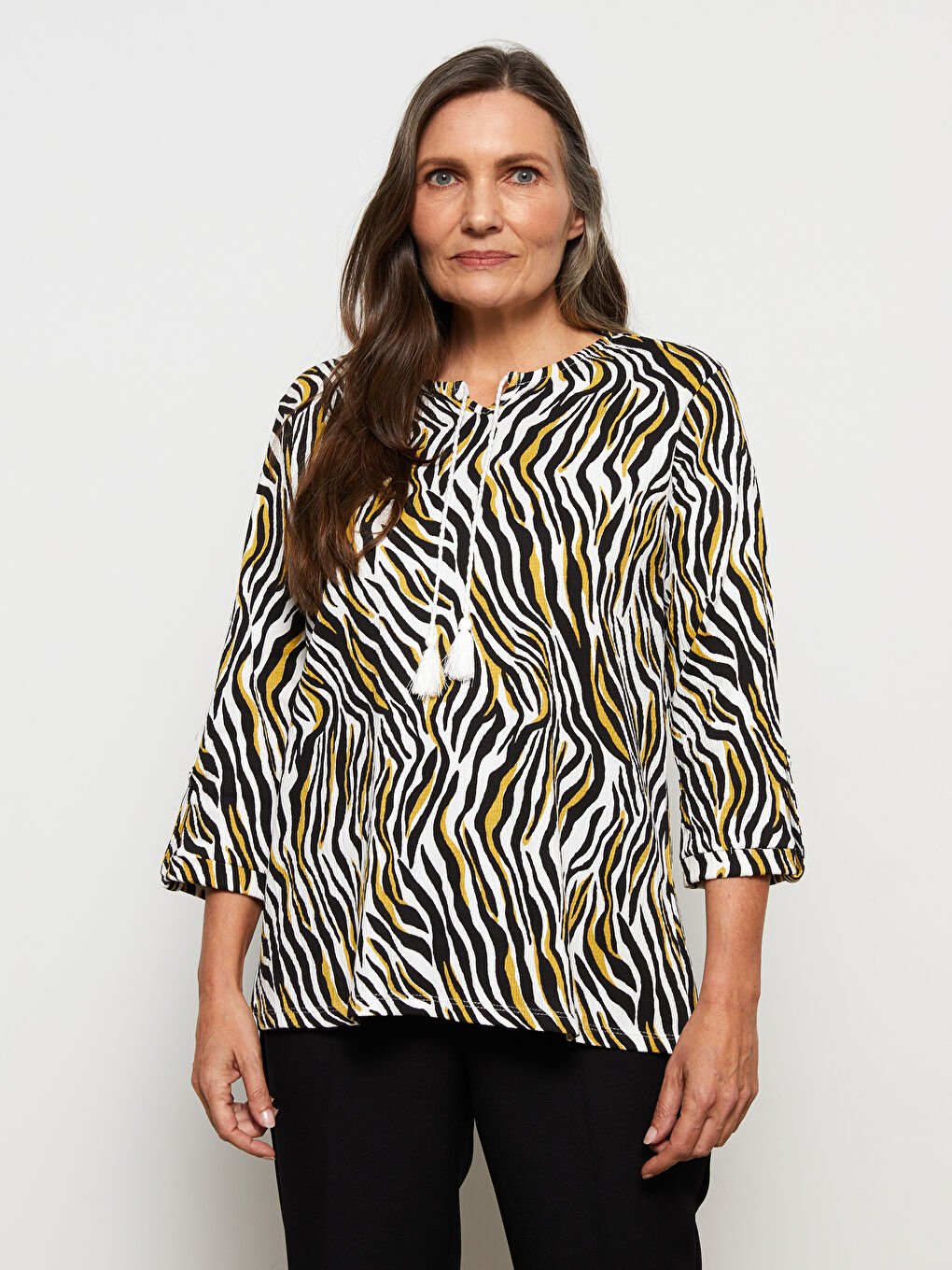 Tie Neck Patterned Women's T-Shirt-1