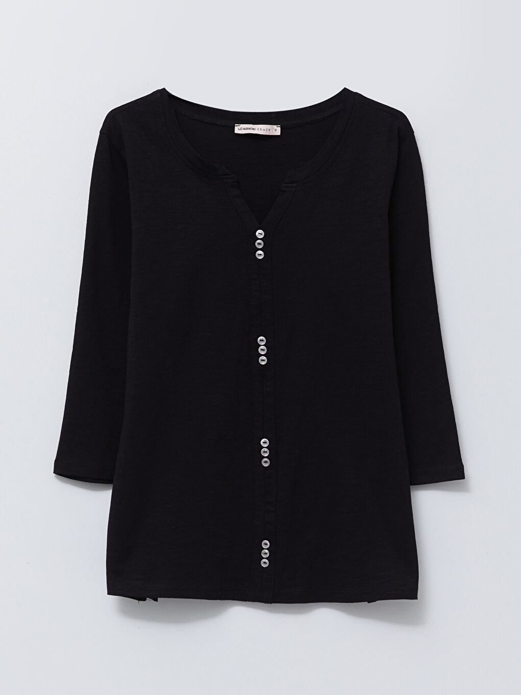 Siyah Kaçık Yaka Düz Pamuklu Kadın Tişört-5