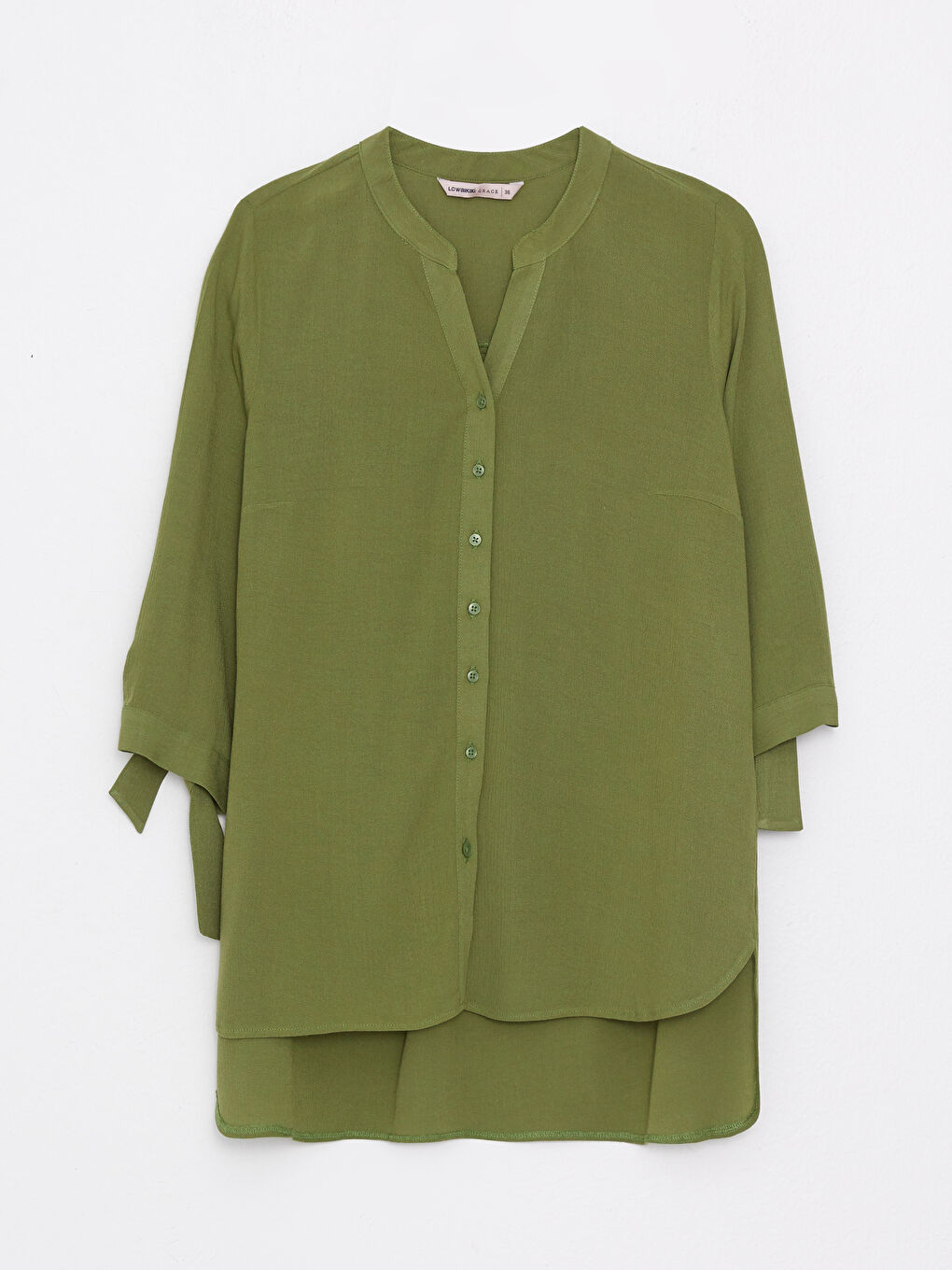 Yeşil Kaçık Yaka Düz Krinkle Kadın Gömlek-5