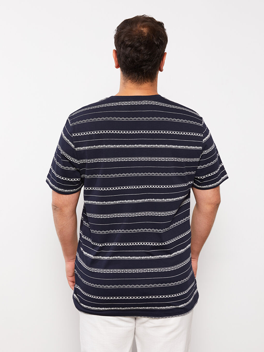 Lacivert Bisiklet Yaka Kısa Kollu Desenli Penye Erkek Tişört-3