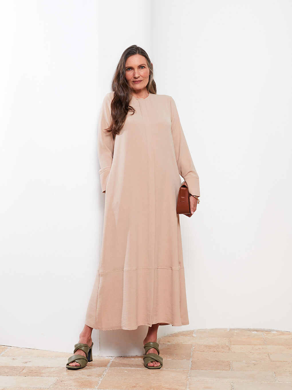 Bej Bisiklet Yaka Düz Uzun Kollu A Kesim Kadın Ferace