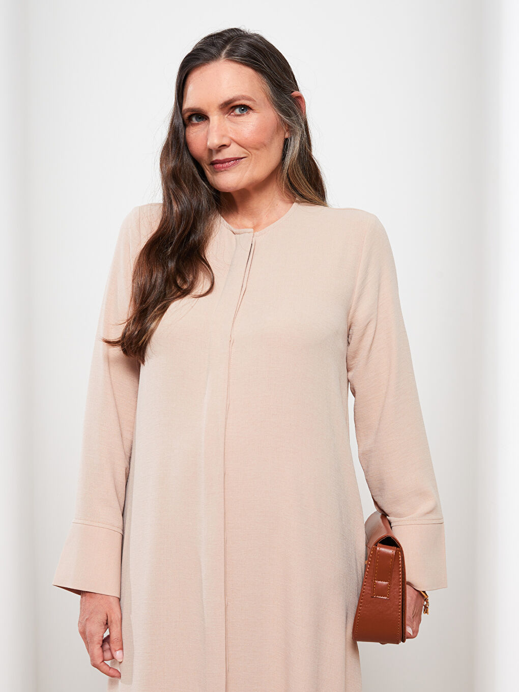 Bej Bisiklet Yaka Düz Uzun Kollu A Kesim Kadın Ferace-2