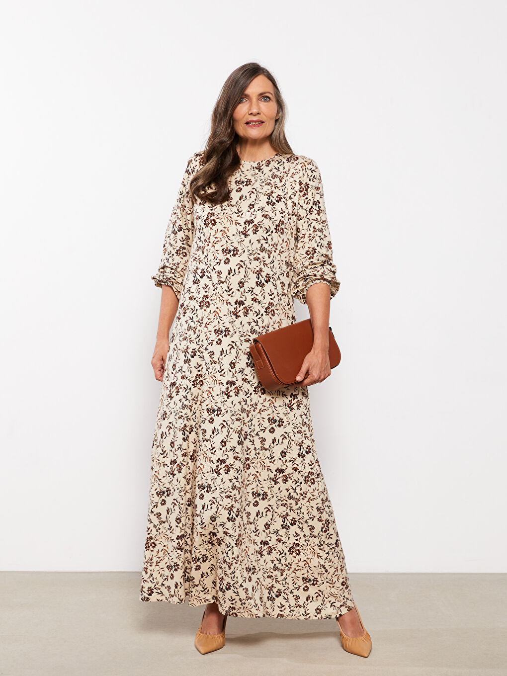 Bej Bisiklet Yaka Desenli Uzun Kollu A Kesim Kadın Elbise