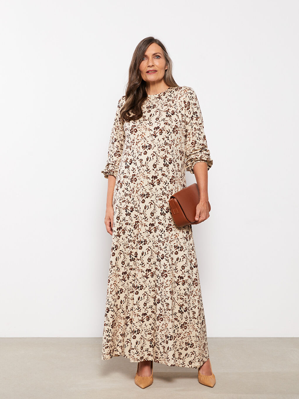 Bej Bisiklet Yaka Desenli Uzun Kollu A Kesim Kadın Elbise-1