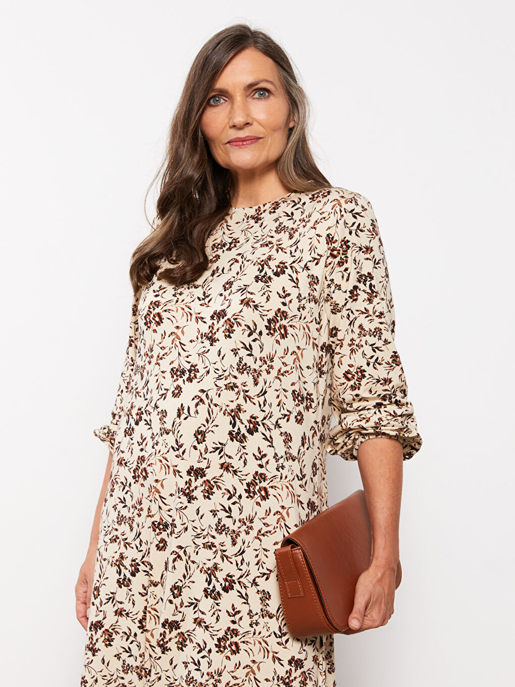 Bej Bisiklet Yaka Desenli Uzun Kollu A Kesim Kadın Elbise-2