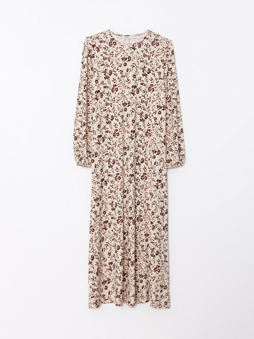 Bej Bisiklet Yaka Desenli Uzun Kollu A Kesim Kadın Elbise-5