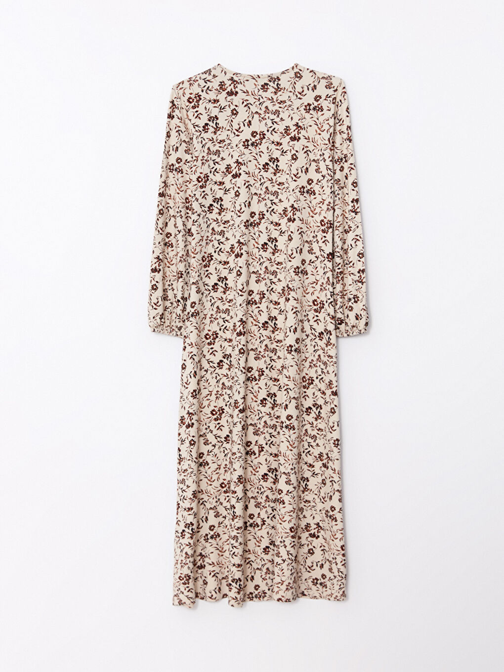 Bej Bisiklet Yaka Desenli Uzun Kollu A Kesim Kadın Elbise-6