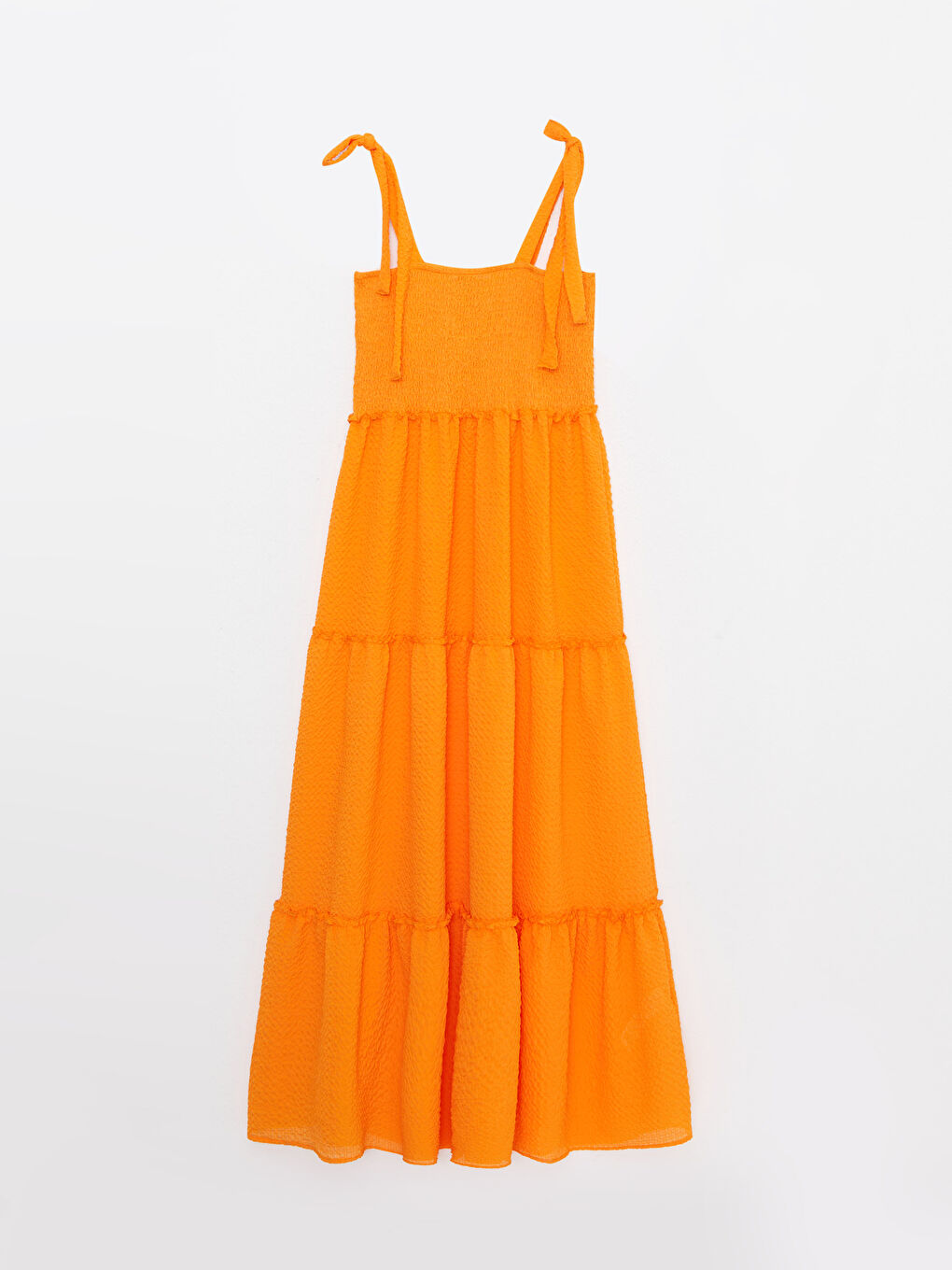 Turuncu Kare Yaka Düz Askılı Gofre Kadın Elbise-5