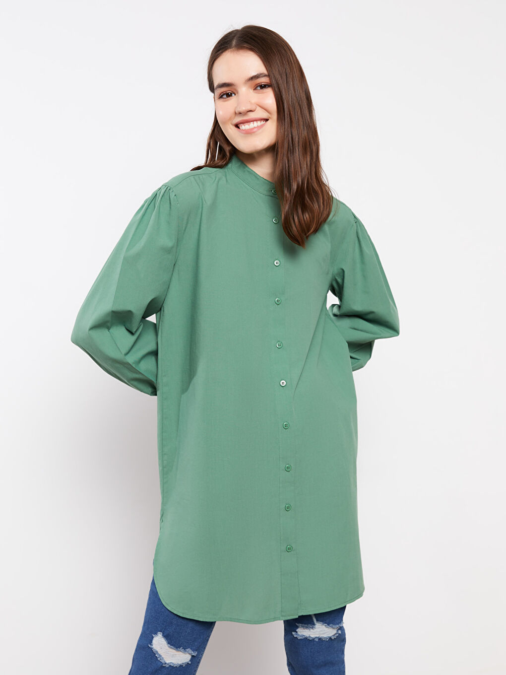 Yeşil Hakim Yaka Düz Uzun Kollu Poplin Kadın Tunik