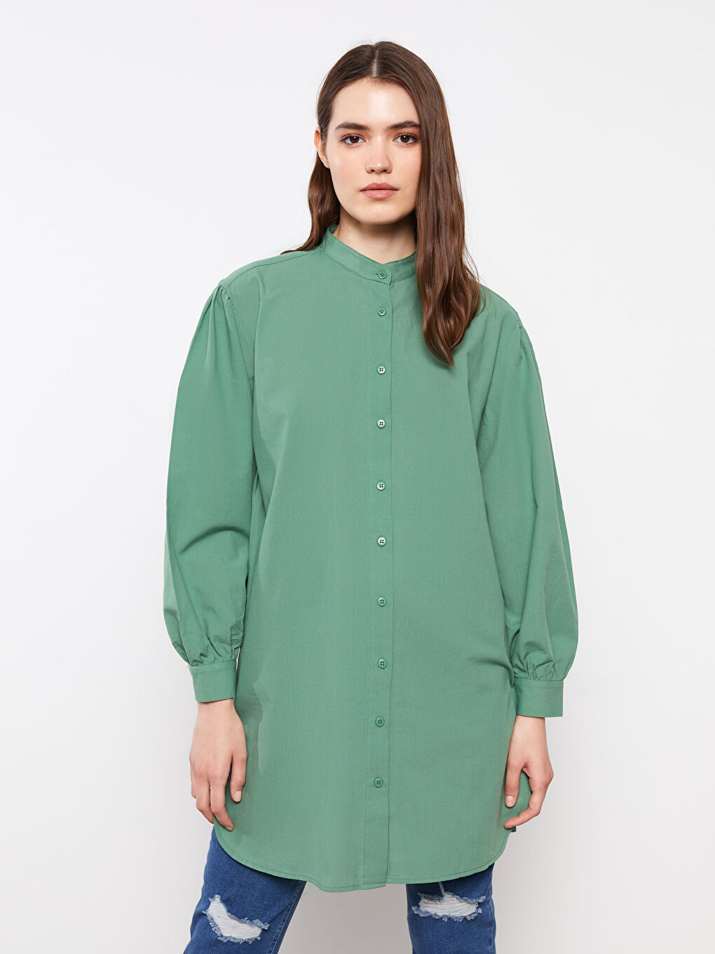 Yeşil Hakim Yaka Düz Uzun Kollu Poplin Kadın Tunik-1