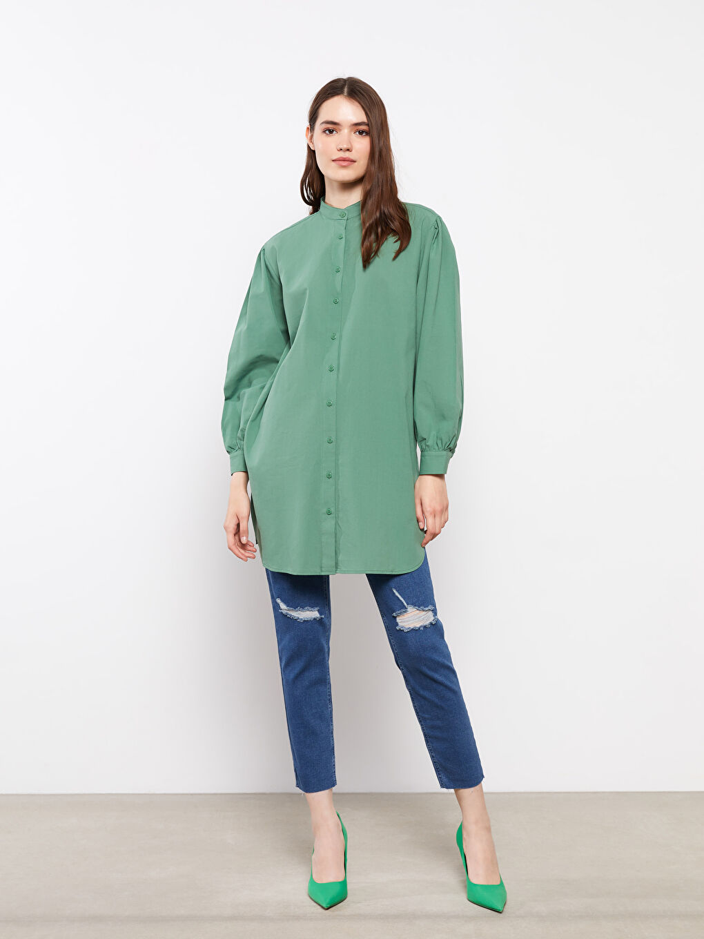 Yeşil Hakim Yaka Düz Uzun Kollu Poplin Kadın Tunik-2