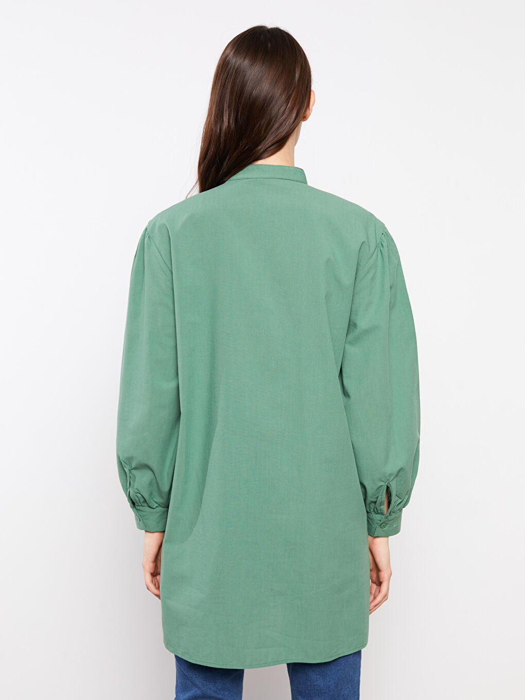 Yeşil Hakim Yaka Düz Uzun Kollu Poplin Kadın Tunik-3