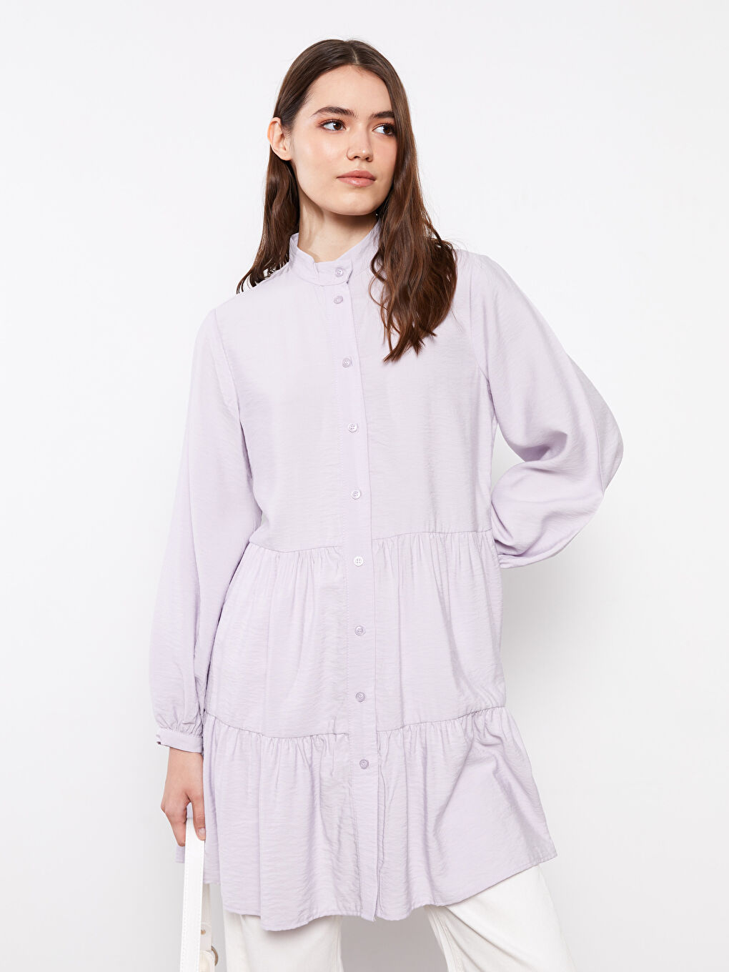 Lila Dik Yaka Düz Uzun Kollu Kadın Tunik