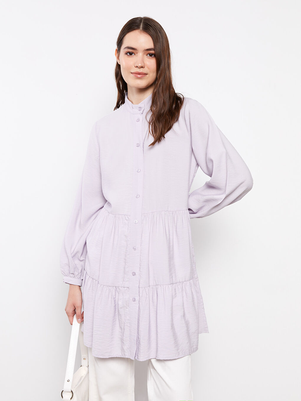 Lila Dik Yaka Düz Uzun Kollu Kadın Tunik-1