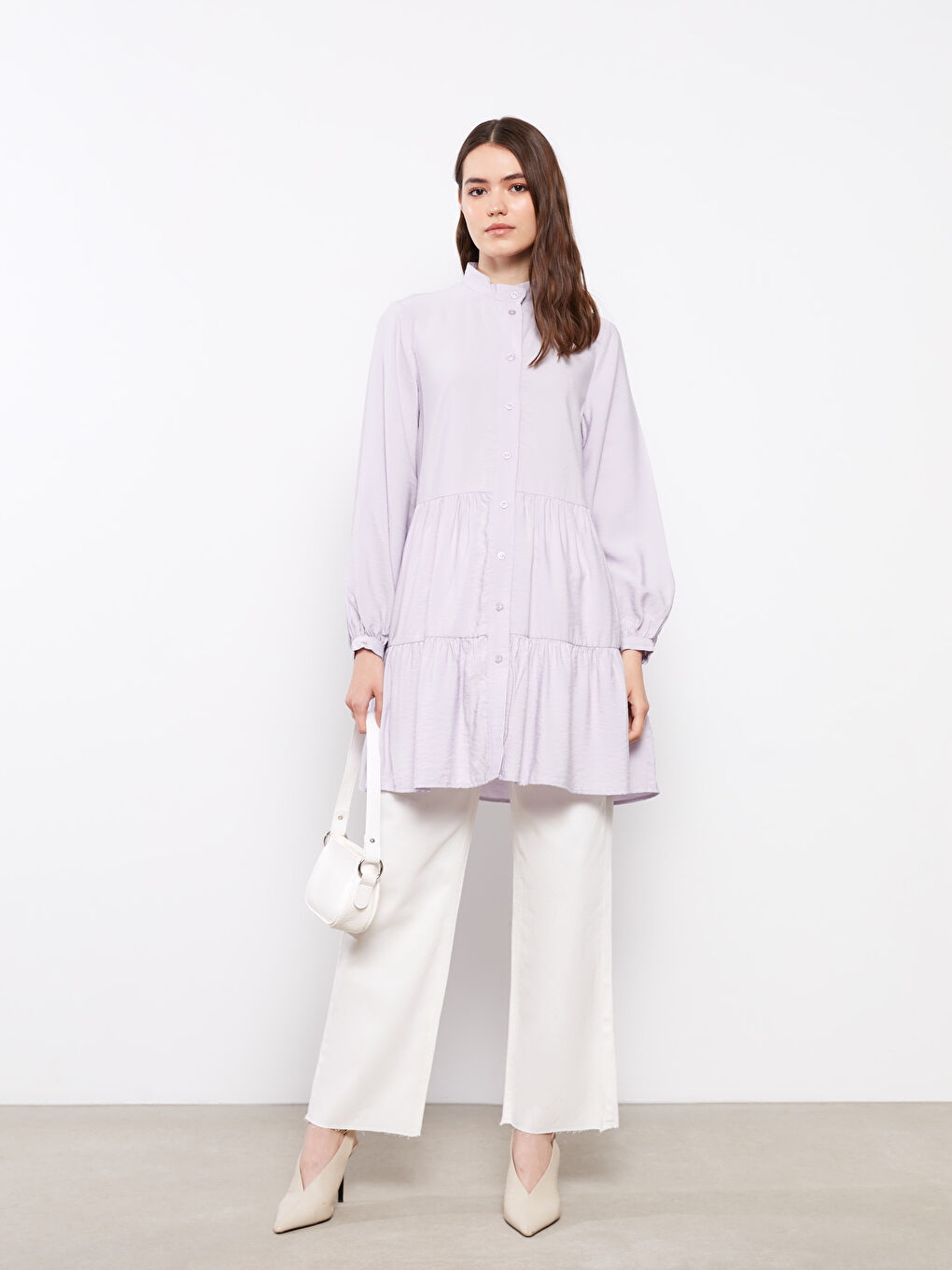 Lila Dik Yaka Düz Uzun Kollu Kadın Tunik-2