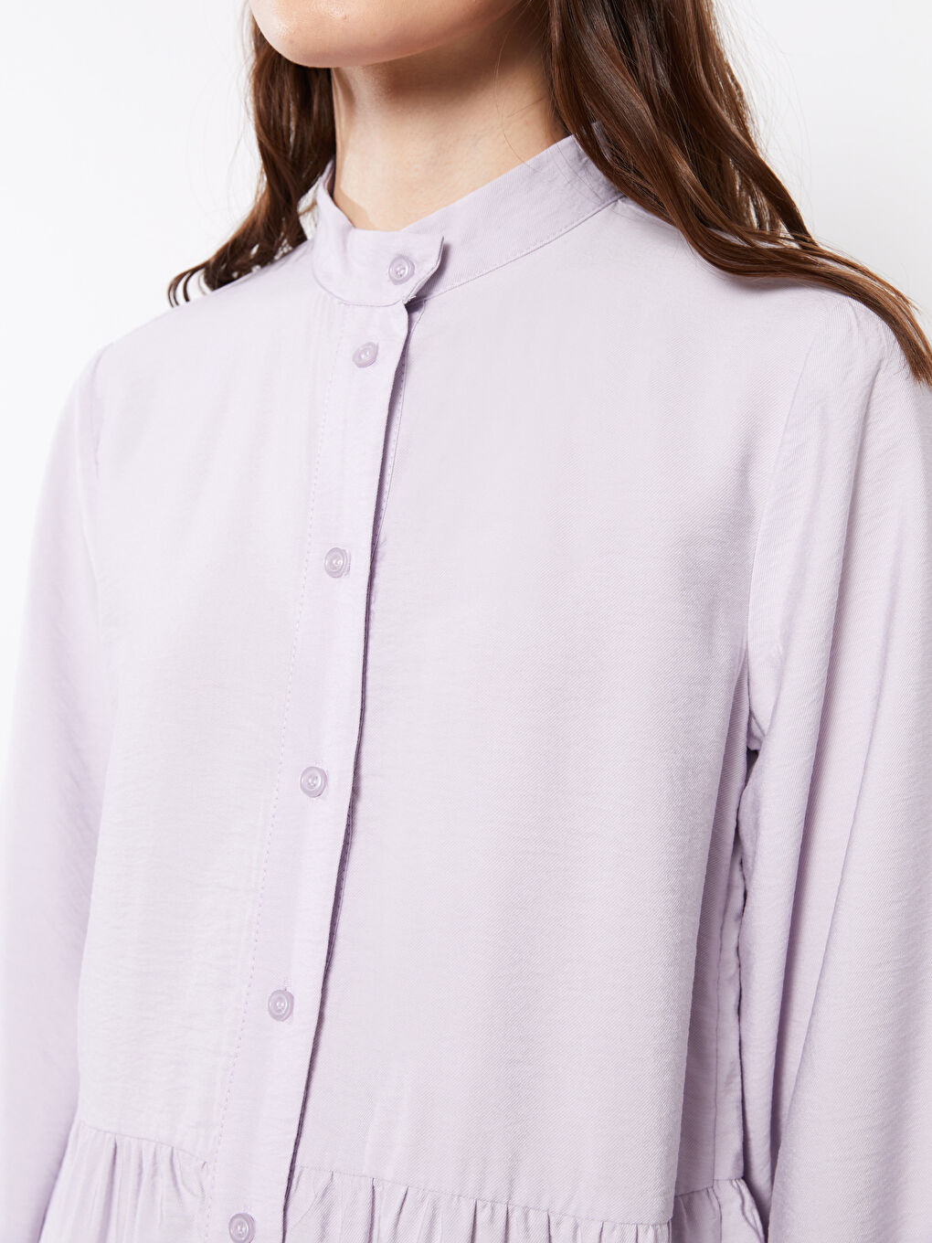 Lila Dik Yaka Düz Uzun Kollu Kadın Tunik-3