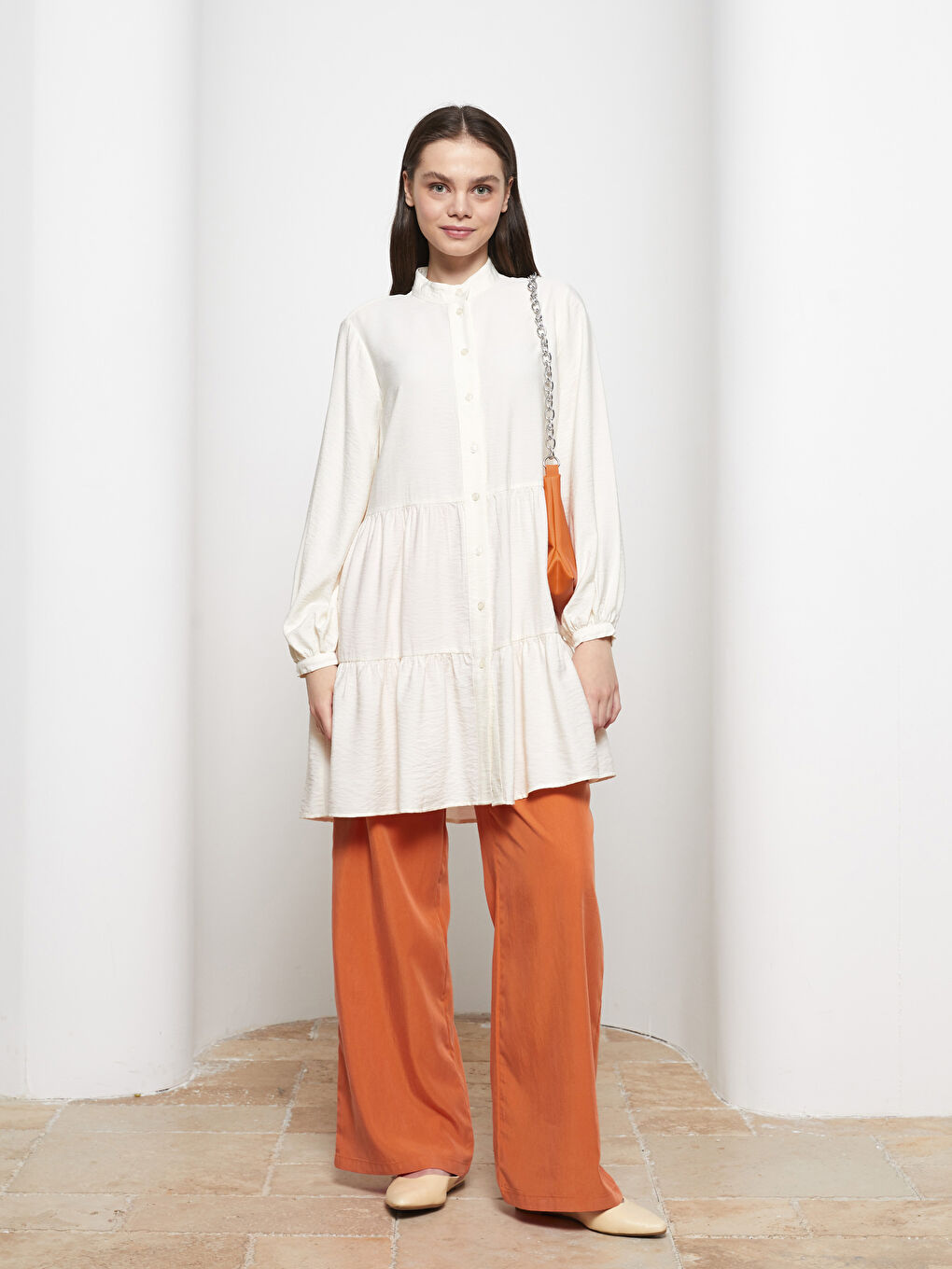 Funnel Neck Plain Long Sleeve Women's Tunic