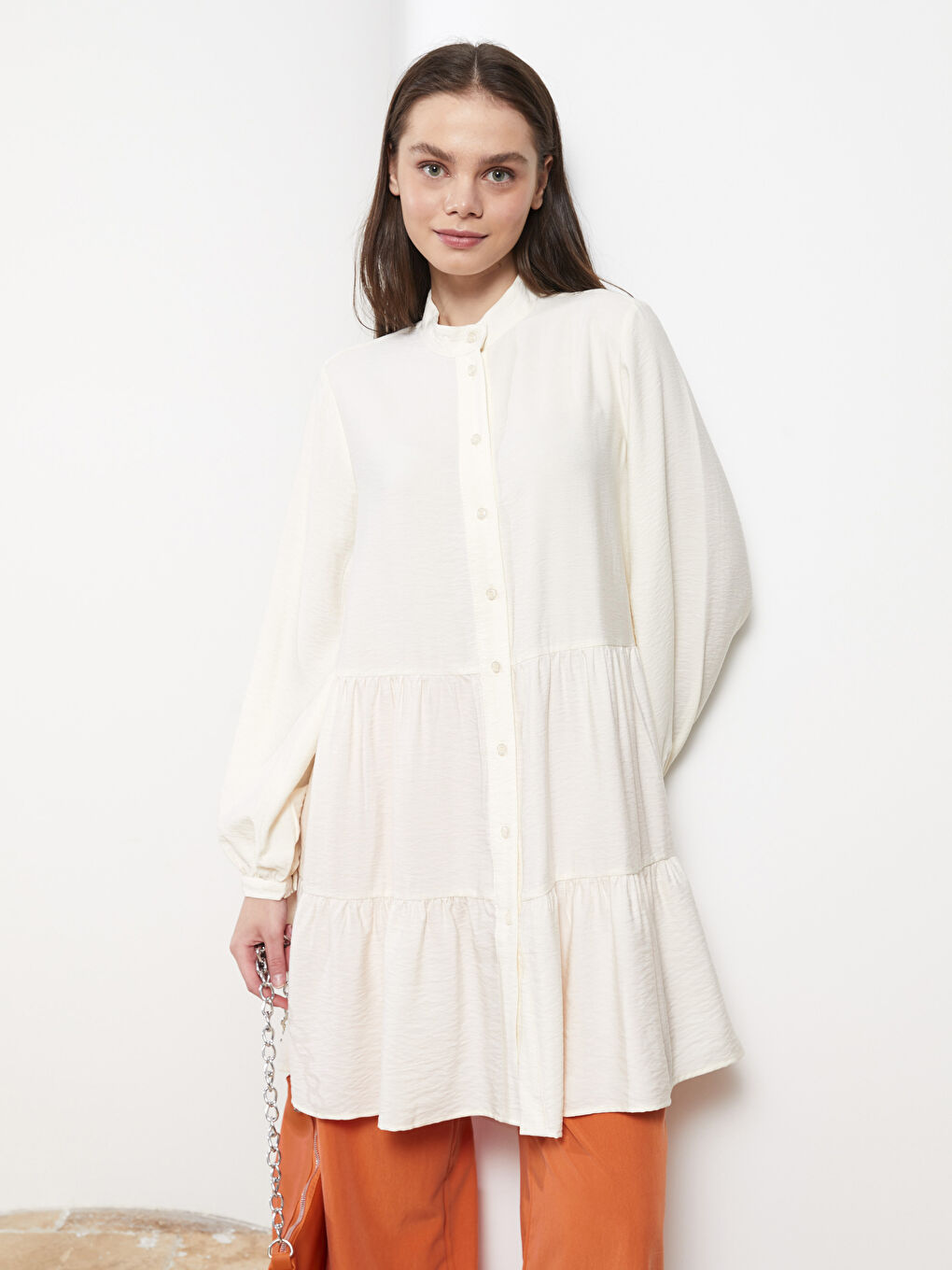 Funnel Neck Plain Long Sleeve Women's Tunic-1