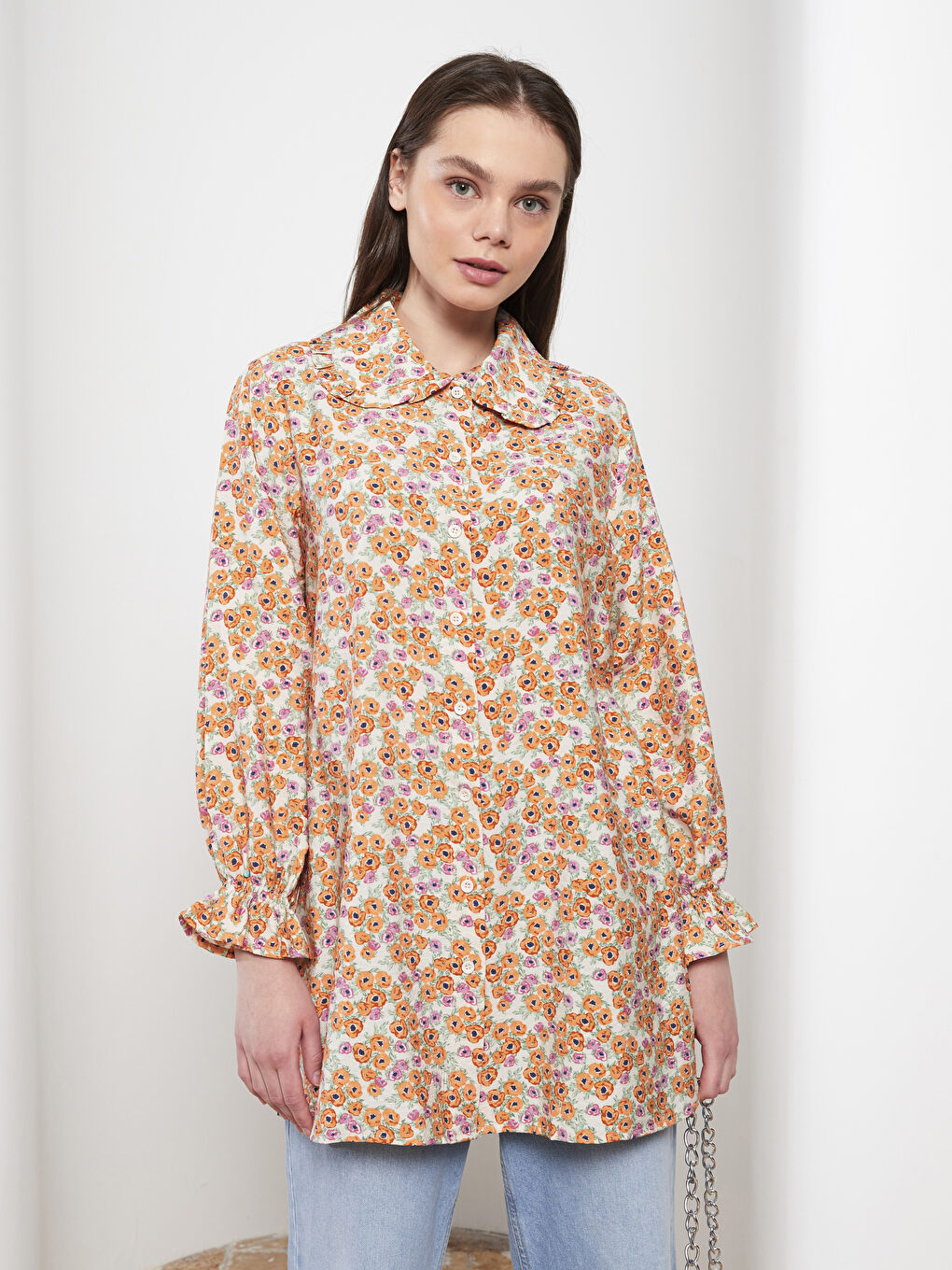 Turuncu Bebe Yaka Çiçekli Uzun Kollu Kadın Tunik-1